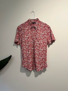 J. Crew Red and White Floral Short-Sleeve Button-Down Shirt